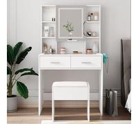 LEADZM Coiffeuse avec Tabouret & Miroir LED 3 Couleurs Réglables, Support Sèche-Cheveux Intégré + Prise USB/AC, Plateau en Verre Sécurisé, 2 Tiroirs, 80x40x140 cm (Blanc)