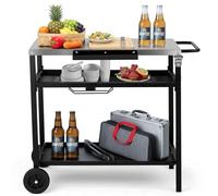 LEADZM Dessertes de Jardin, Chariot de Barbecue Mobile à 3 Niveaux, 97 x 51 x 83 cm, Établi en Acier Inoxydable argenté - desserte Exterieur, Panier avec Filet, Noir