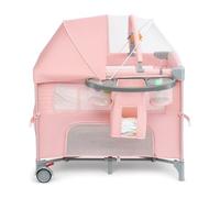 LEADZM Lit Bébé Cododo 5 en 1, Berceau Bébé Pliable avec Table à Langer, Panier de Rangement, Moustiquaire, Jouets Suspendus et Sac de Transport pour Nouveau-né et Jeune Enfant (Rose)
