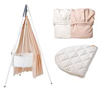 Leander Parure de berceau Set - All Inclusive : Berceau Blanc avec trépied Blanc, voile, Soft Pink, 2 draps housse 1 x Soft Pink/1 x blanc, 1 protège-matelas