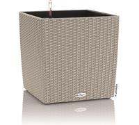 LECHUZA-Pot de fleurs CUBE Cottage 50 Marron sable | Pot de fleurs avec système d'arrosage et bac à plantes | Aspect tressé | 49 x 49 x 49,5 cm | 15396