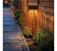 Boule solaire rouille pour extérieur Lampe solaire rouille Lampe solaire de jardin avec piquet, effet lumineux motif fleur de vie, 1x LED blanc chaud, DxH 20 x 31 cm