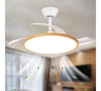 LED Rétractable Ventilateur de Plafond avec Lampe et Télécommande Silencieux 6 Vitesses - Réversible Dimmable Grande Plafonnier Modern Chambre - Blanc Bois||115cm