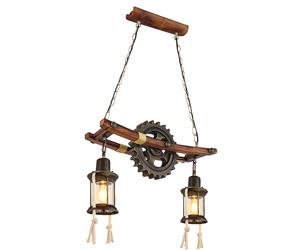 LED Steampunk Lampe filament Lampe à suspendre Vintage industrielle Bois Métal, lanterne Roue dentée, verre, laiton, 2x 6W 806Lm blanc chaud, LxlxH 62x20x110 cm