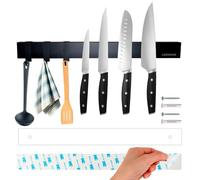 LEDINOR® Barre magnétique pour couteaux de cuisine 40 cm noire + 3 crochets + vis et chevilles avec gabarit pour perceuse + ruban adhésif pour fixation sans trous | Support couteaux fixation facile