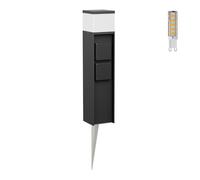 ledscom.de Borne d'éclairage PODEL avec piquet de terre pour l'extérieur, 39cm, noir, 2 prises de courant, ampoule G9 incluse, 596lm, blanc