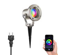 ledscom.de Projecteur de jardin avec piquet de terre MIBU pour l'extérieur, acier inoxydable, chrome mat, incl. Smart Home lampe LED RGBW GU10, 5,41W, 473lm