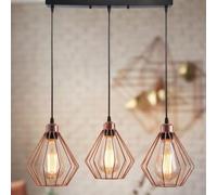 LEDSone Suspension luminaire industriel vintage à 3 têtes or rose avec abat-jour cage style loft en métal pour îlot de cuisine, salon, salle à manger, kit de douille E27 UK (Diamant - Or rose)