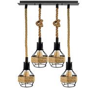 LEDSone Suspension vintage à tête unique - E27 - En corde de chanvre - Avec cage en métal - Câble torsadé de 1 m - Pour cuisine, salle à manger, bar, café (4 têtes)