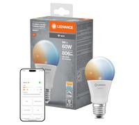LEDVANCE SMART+ WIFI LED lamp, white frosted look, 9W, 806lm, classic bulb shape with E27 base, adjustable white light, dimmable, app or voice control, life of up to 20,000 hours