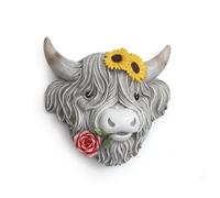 LeeQinersw Sculpture Murale Tête de Bovin Écossaise Résine Trophée Plaque Ornement avec Fleurs Sculptées et Crinière Longue Style Rustique Adaptée au Salon, Gris
