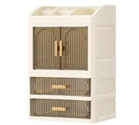 LeeQinersw Vanity Organizer Organisateur Maquillage Rangement Cosmétique Boîte Coffret avec Compartiments Ouverts Incliné Porte Avant Fermée Panneaux Ambrés, Crème - 1 Porte + 2 Tiroirs, 23 19 36cm
