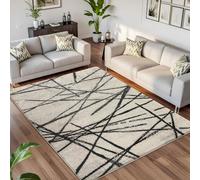Leesentec Tapis Salon Tapis de Chambre à Poils Courts Artistique Bohème Moderne Antiderapant Doux Motif Abstrait Géométrique (Beige/Rayé Noir, 120 x 160 cm)