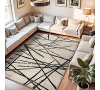 Leesentec Tapis Salon Tapis de Chambre à Poils Courts Artistique Bohème Moderne Antiderapant Doux Motif Abstrait Géométrique (Beige/Rayé Noir, 160 x 200 cm)