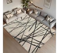 Leesentec Tapis Salon Tapis de Chambre à Poils Courts Artistique Bohème Moderne Antiderapant Doux Motif Abstrait Géométrique (Beige/Rayé Noir, 200 x 250 cm)