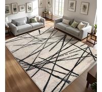 Leesentec Tapis Salon Tapis de Chambre à Poils Courts Artistique Bohème Moderne Antiderapant Doux Motif Abstrait Géométrique (Beige/Rayé Noir, 200 x 300 cm)