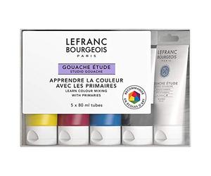 Lefranc Bourgeois 301241 Gouache - Set de 5 Couleurs Primaires, Tubes de 80 ml, Couleurs Intenses, Résistantes à la Lumière et Opaques avec Consistance Crémeuse Uniforme