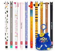 LEGAMI Coffret cadeau avec stylo gel effaçable + porte-clés en peluche, lot de 10 stylos à encre thermosensible, gamme de couleurs d'encre, pointe de 0,7 mm, dessins à thème mignons