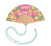 LEGAMI - Éventail pliable ¡Que Calor! motif Dolce Far Niente, cordon amovible et réglable assorti, en polyester, manche en bois, 3,6 x 23 cm