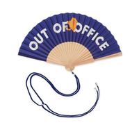 Legami - Éventail Pliable ¡Que Calor! Motif Out of Office, Cordon Amovible et réglable Assorti, en Polyester, Manche en Bois, 3,6 x 23 cm