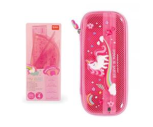 Legami Kit de géométrie avec règle de 15 cm, carré de 10 cm, rapporteur d'angle 180° pour l'école, avec valise, matériau flexible, Rose, Licorne + trousse