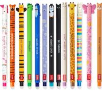 Legami Lot de 13 stylos à encre gel effaçable avec gomme thermosensible, différentes couleurs d'encre et motifs de tige, pointe 0,7 mm, motifs animaux