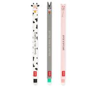 LEGAMI Lot de 3 stylos à encre gel effaçable thermosensible, pointe de 0,7 mm, gamme de couleurs d'encre - Noir, vert et rose - Thème de la ferme des animaux - Motifs vache, âne et cochon