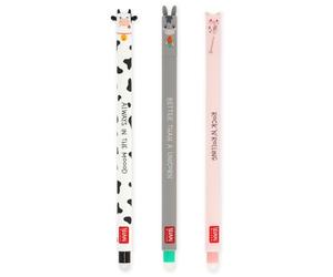 LEGAMI Lot de 3 stylos à encre gel effaçable thermosensible, pointe de 0,7 mm, gamme de couleurs d'encre - Noir, vert et rose - Thème de la ferme des animaux - Motifs vache, âne et cochon