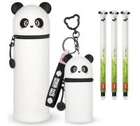LEGAMI Lot de 3 stylos gel effaçables + trousse à crayons Kawaii 2 en 1 + porte-monnaie porte-clés | Motifs d'animaux mignons et amusants (panda)