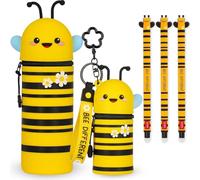 LEGAMI Lot de 3 stylos gel effaçables + trousse à crayons Kawaii 2 en 1 + porte-monnaie porte-clés | Motifs d'animaux mignons et amusants (abeille)