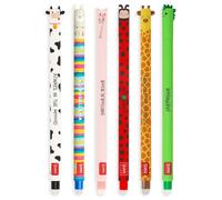 LEGAMI - Lot de 6 stylos gel effaçables avec encre effaçable thermosensible, gamme de couleurs d'encre et motifs de baril, pointe de 0,7 mm, motif vache, lama, cochon, coccinelle, girafe