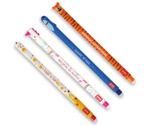 LEGAMI - Set de 4 Stylos Gel Effaçables | Shark, Unicorn, Tiger et Hen. Encres rose, bleue, orange et rouge