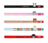 LEGAMI - Set de 5 Lovely Friends, Panda, Kitty, Teddy Bear, Ladybug, Llama, Stylos Gel avec Petit Animal Décoratif amovible et recombinable, Évite le Roulement, Pointe 0,5 mm