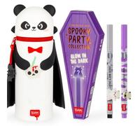 LEGAMI Spooky Party Ensemble de stylos d'Halloween et trousse en silicone | Lot de 3 stylos, motif Halloween surprise, détails phosphorescents, breloques amovibles, porte-stylo de bureau convertible