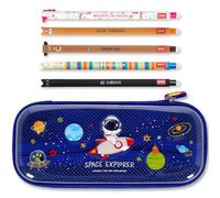 LEGAMI Trousse et stylo effaçable WonderWow | Lot de 5 stylos animaux mignons à encre thermosensible + trousse à 2 compartiments (Espace)