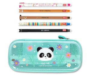 LEGAMI Trousse et Stylo effaçable WonderWow | Lot de 5 stylos Animaux Mignons à Encre thermosensible + Trousse à 2 Compartiments (Panda)