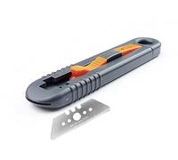 LÈGE 2 : Cutter couteau pro de sécurité Mure & Peyrot, multi-usage, à GRANDE lame rétractable (65 mm) + blocage possible au repos. Pour droitier et gaucher. Lame acier à bouts ronds, réversible.