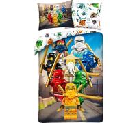 Lego Ninjago Team Housse de Couette 140x200 + Taie 100% Coton Idée Cadeau | Parure de lit réversible 1 personne | Toute l'équipe Ninjago au complet | Licence Lego officielle | 4-12 ans