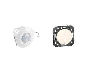 Legrand 048944 Détecteur de Mouvement Fixation Plafond, IR 360° sur 8m, Blanc & Interrupteur ou va-et-Vient 10AX + Bouton Poussoir 6A dooxie - Finition Blanc