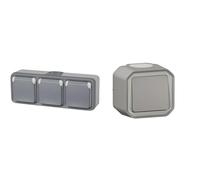 Legrand 191515 Plexo Prise murale triple étanche et résistante à l'eau Gris - Version espagnole & Interrupteur Mural Etanche Simple ou Va-et-vient 10A Plexo - Commande d'Éclairage Complète