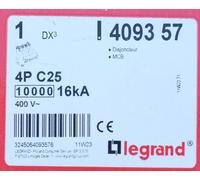 Legrand 4 093 57 Disjoncteur DX³ 10000 16kA 4P 400V 25A courbe C. 409357. C25