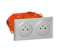 LEGRAND Kit double prise de courant Dooxie, 2P+T encastré alu, 16A 250V | Double prise 2x2P+T encastré aluminium RAL7040 16A 250V précâblée éclips protection enfant bornes automatiques kit complet