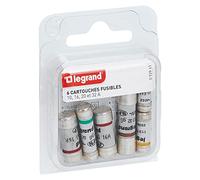 LEGRAND Lot 6 cartouches fusibles, 10A 16A 20A 32A, 230V AC, sans témoin | Lot de 6 cartouches, calibres 10A 16A 20A 32A, pour porte fusibles, 230V~, repérage couleur, usage domestique