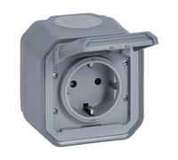 LEGRAND, Plexo New 069733L Prise Schuko standard pour pièces humides, avec couvercle à charnière, protection anti-contact, installation avec bornes à vis, 16 A, 250 V, IP44 - IK07, gris