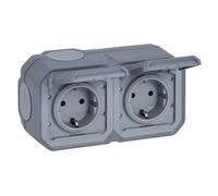 LEGRAND, Plexo New 069742L Double prise Schuko standard pour pièces humides, avec couvercle à charnière, protection contre les contacts, précâblée, bo