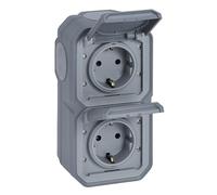 LEGRAND, Plexo New 069744L Double prise Schuko standard pour pièces humides, avec couvercle à charnière, protection contre les contacts, bornes enfich