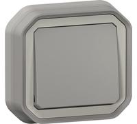 Legrand PLEXO New Bouton-poussoir réversible pour locaux humides, lumineux, avec porte-étiquette, contact à ouverture + contact à fermeture (NO+NC), 12V à câbler, gris, 069824L