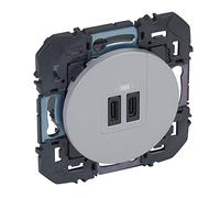 LEGRAND - Prise Double Chargeur USB-C dooxie - Conforme Directive CEE - Repiquage sur Prise 2P+T - Alu