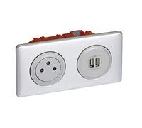 LEGRAND - Prise Electrique Murale + Double Chargeur USB Céliane Surface avec Plaque et Boîte à Encastrer - Prise Affleurante avec Socle Rétractable - Alu
