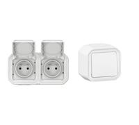 LEGRAND - Prise Etanche Double IP55 avec Terre Plexo - Prise 2P+T 16A Complète avec Volet & Interrupteur Mural Etanche Simple ou Va-et-vient 10A Plexo - Commande d'Éclairage Complète